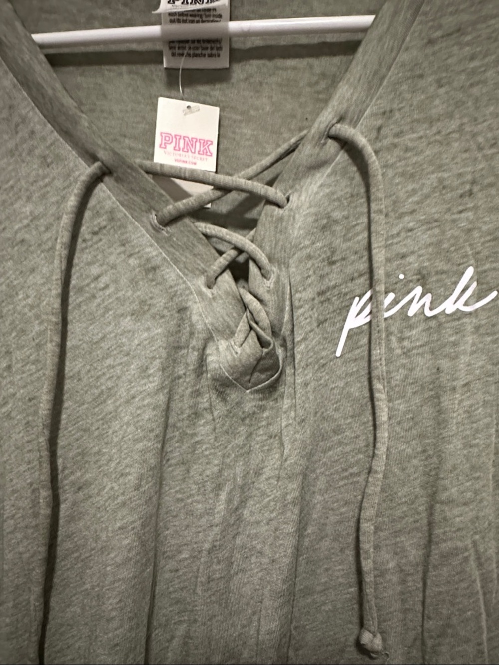 VS pink  Lace-Up V-Neck T-Shirt in Olive Green - Picture 3 of 4